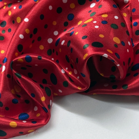 TESSUTO RASO CARNEVALE POIS MULTICOLOR ROSSO